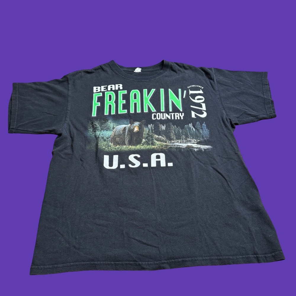 Y2K Bear Freakin Country T Shirt L Black Nature Wildlife Outdoors Vintage